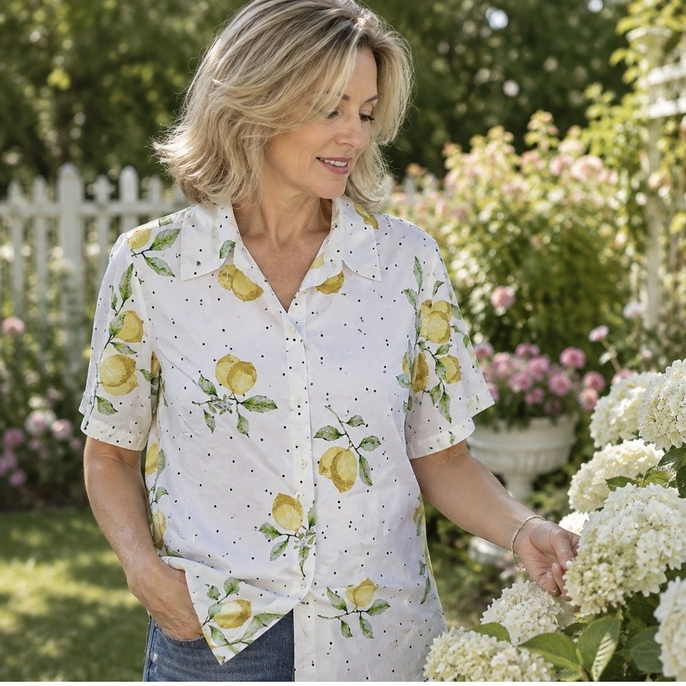 Coldwater Creek Lemon Print Shirt Womens 18W White Short Sleeve Button Up Garden